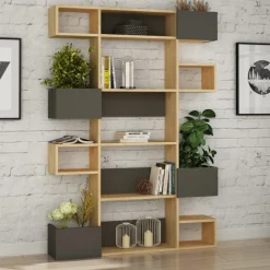 Arabic House Boekenkast Niho Melamine Eiken Antraciet Naturel