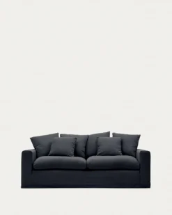 Kave Home 3-zitsbank Nora Kussens /antraciet Linnen en Katoen 240cm Grijs